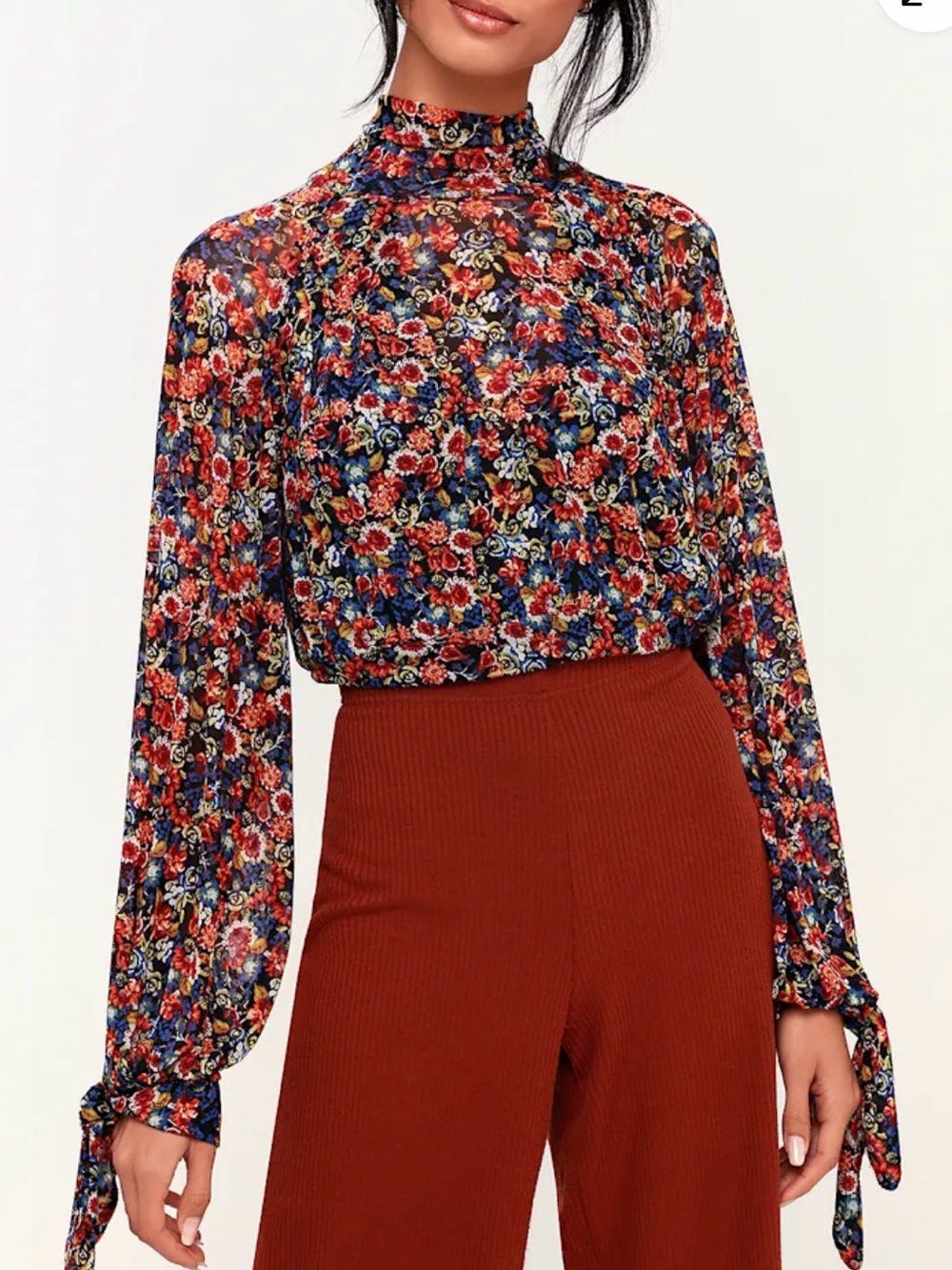 Free People All Dolled Up Black Floral Print Mesh Long Sleeve Crop Top - Picture 3 of 10